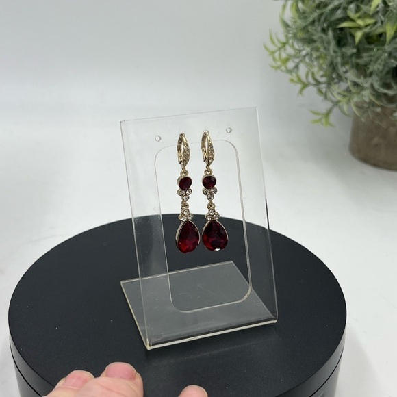Givenchy Womens Gold Tone Red and Clear Crystal Dangle Drop Earring New - Picture 2 of 10